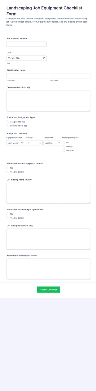 Landscaping Job Equipment Checklist Form Template