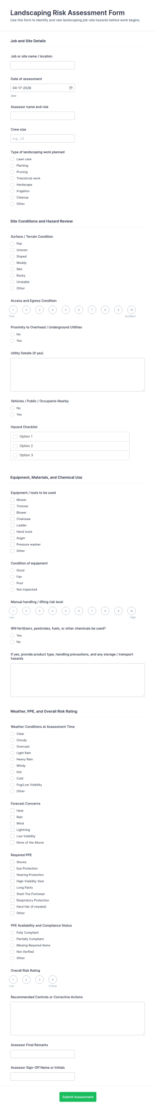 Landscaping Risk Assessment Form Template