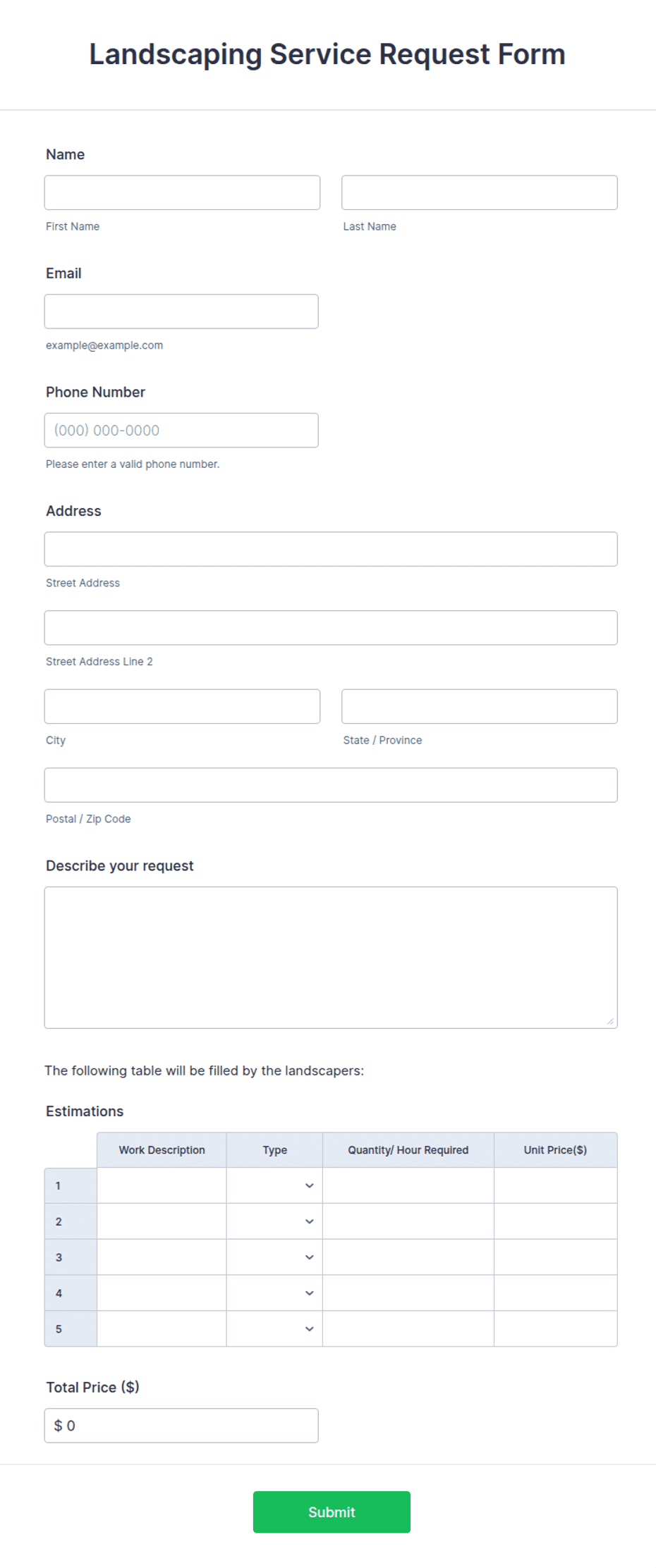 Tree Service Application Form Landscaping Service Request Form Template | Jotform