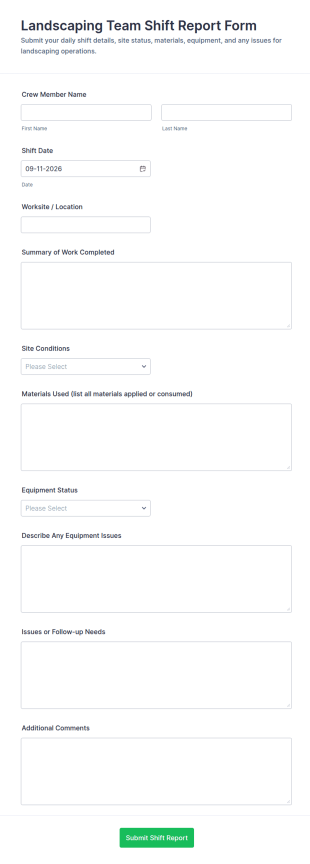 Landscaping Team Shift Report Form Template