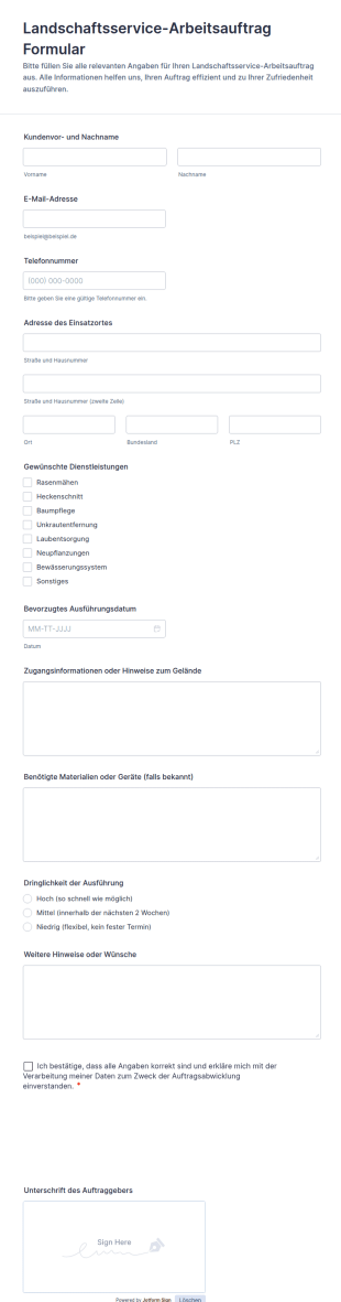 Landschaftsdienst Arbeitsauftrag Formular