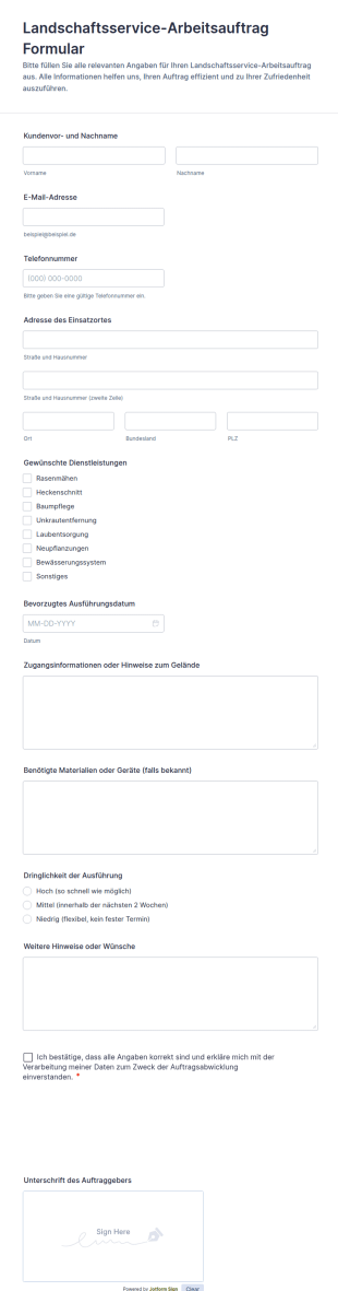 Landschaftsdienst Arbeitsauftrag Formular