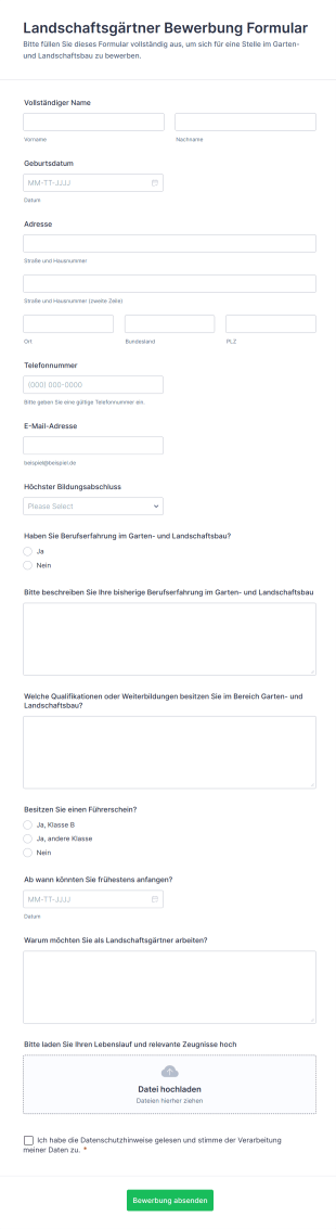 Landschaftsgärtner Bewerbung Formular