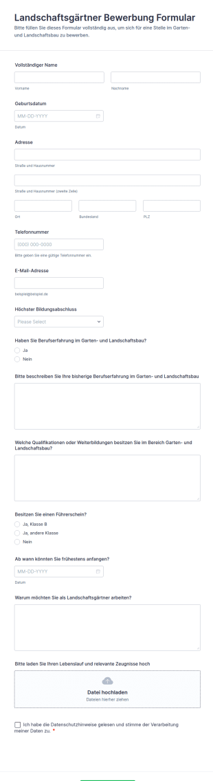 Landschaftsgärtner Bewerbung Formular