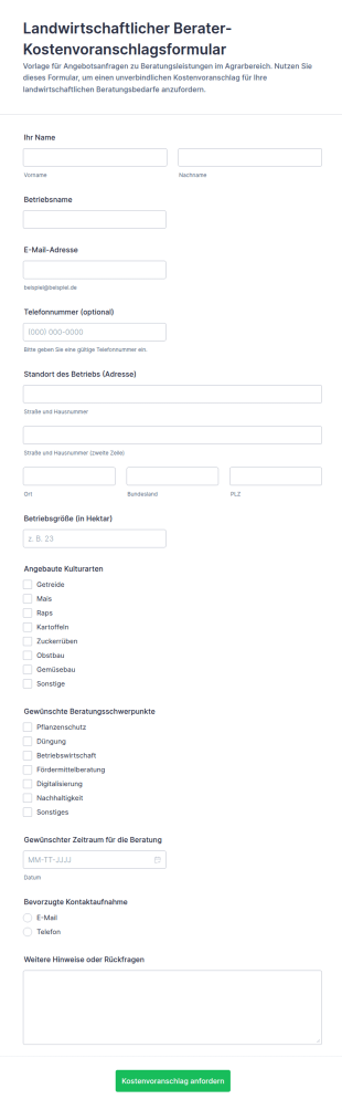Landwirtschaftlicher Beraterkostenvoranschlag Fragebogen 🌱🚜