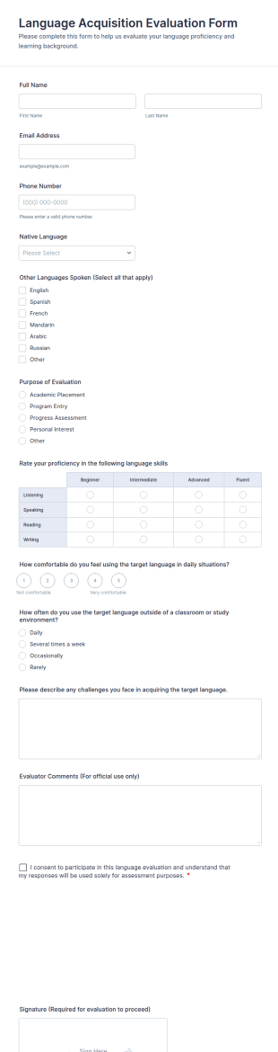 Language Acquisition Evaluation Form Template