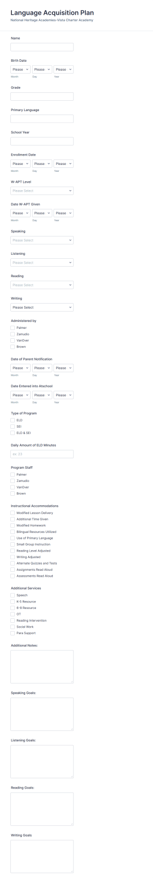 Language Acquisition Plan Form Template