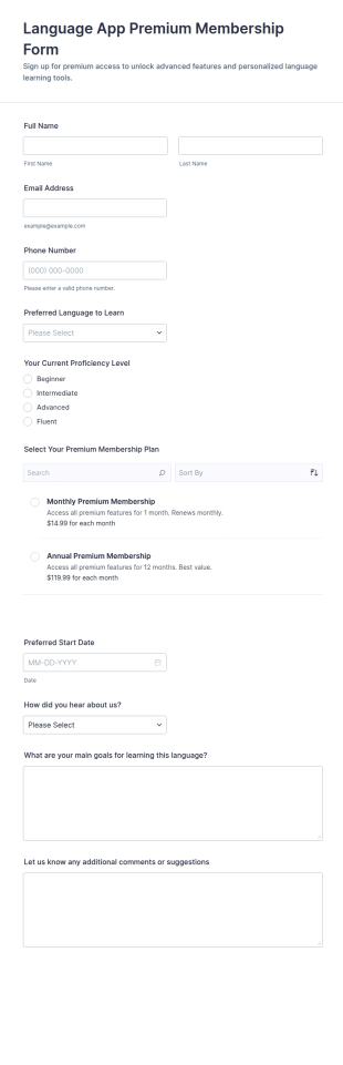 Language App Premium Membership Form Template