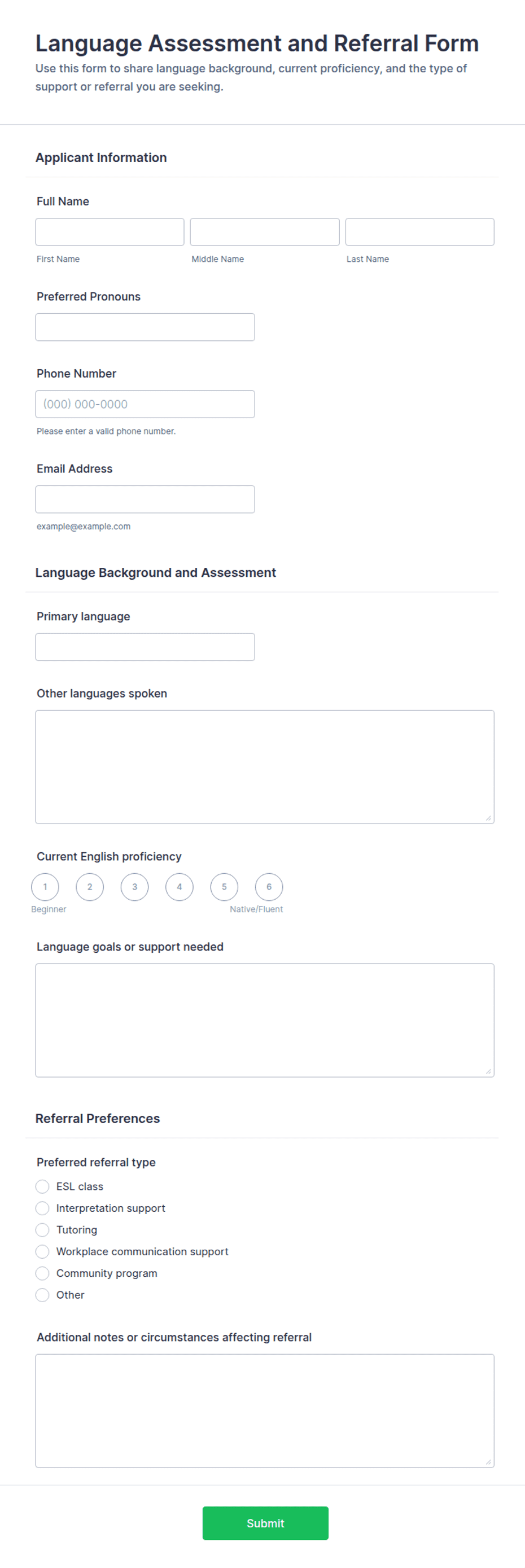 Language Assessment and Referral Form Template | Jotform