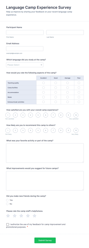 Language Camp Experience Survey Form Template