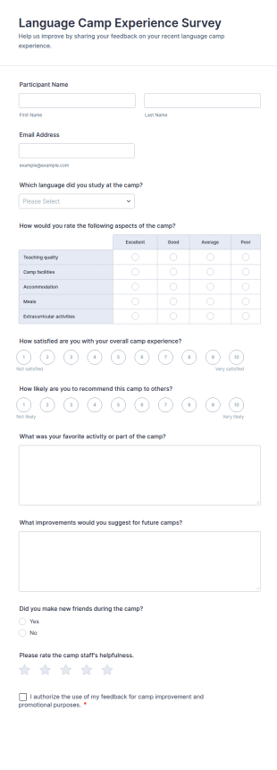 Language Camp Experience Survey Form Template