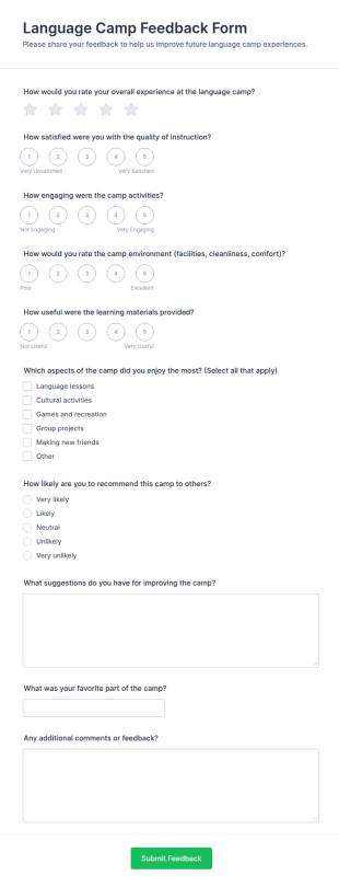 Language Camp Feedback Form Template