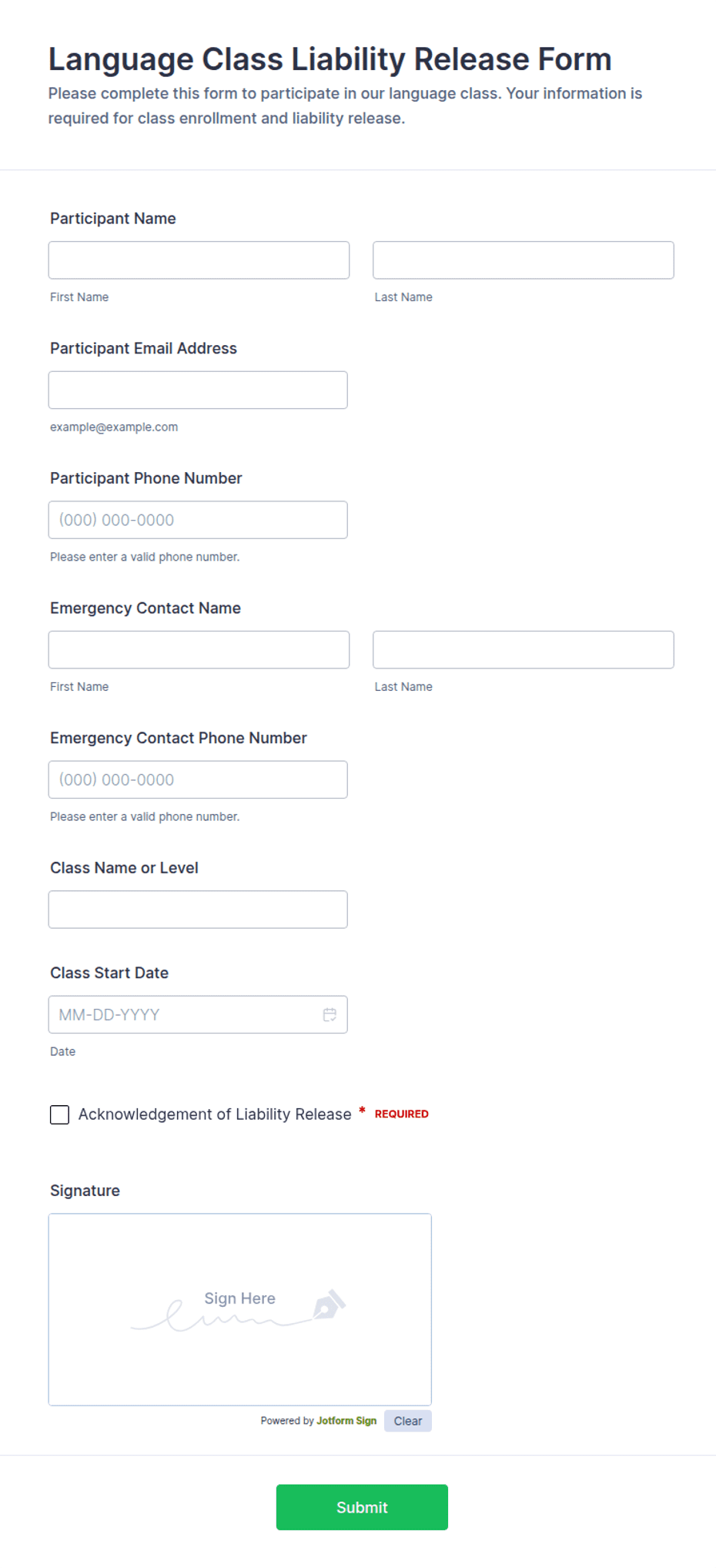 Language Class Liability Release Form Template | Jotform