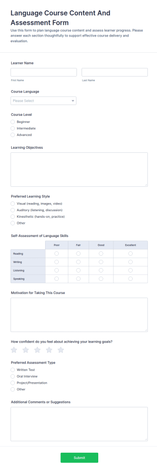 Language Course Content And Assessment Form Template