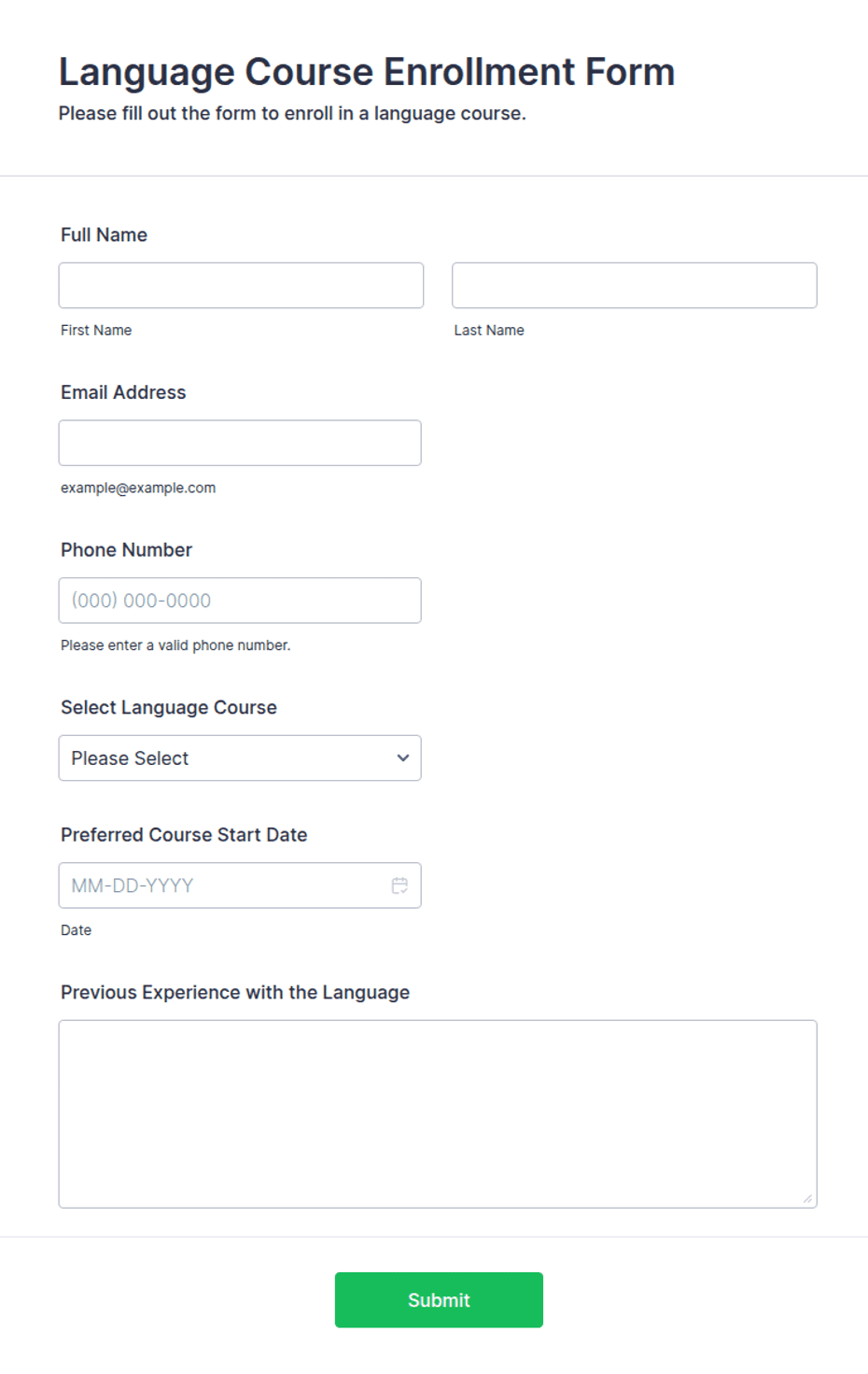 1557 Language Form Example Language Course Enrollment Form Template | Jotform