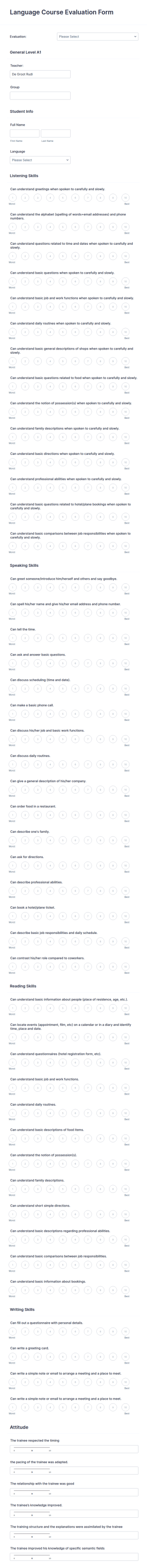 Language Course Evaluation Form Template