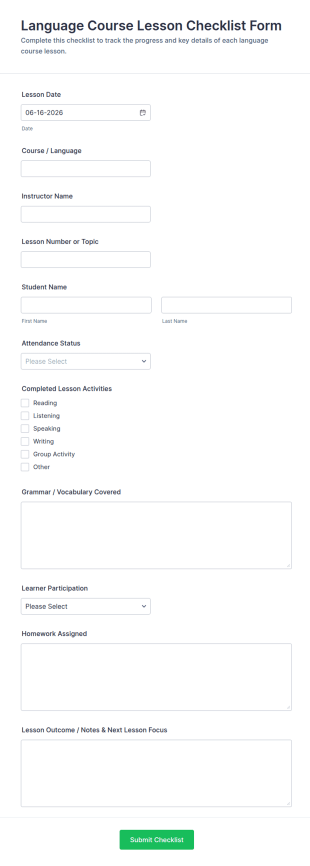 Language Course Lesson Checklist Form Template
