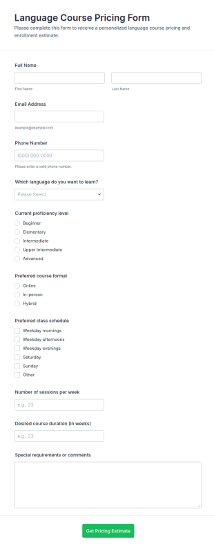 Language Course Pricing Form Template