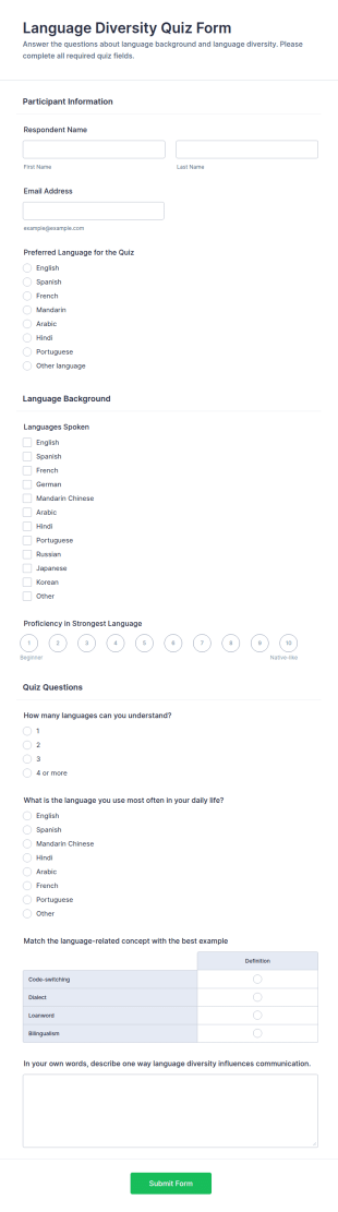 Language Diversity Quiz Form Template