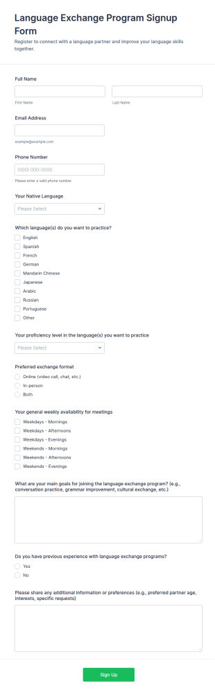 Language Exchange Program Signup Form Template