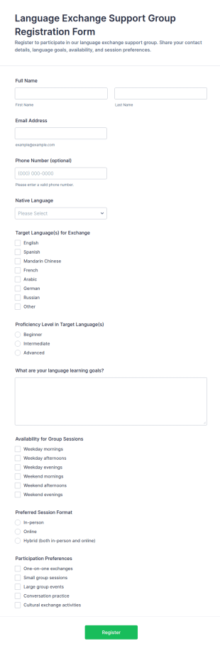 Language Exchange Support Group Registration Form Template