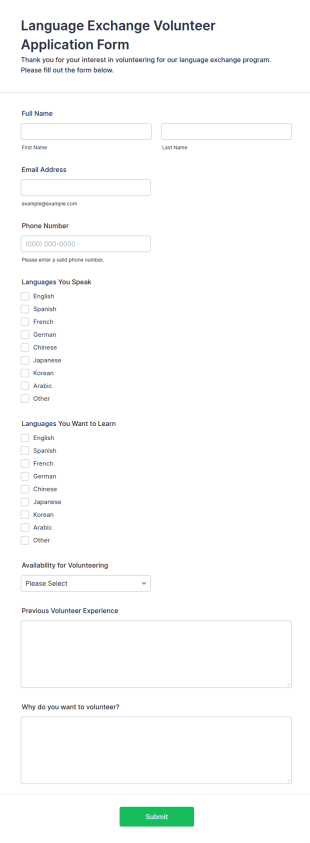 Language Exchange Volunteer Application Form Template