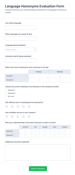 Language Homonyms Evaluation Form Template