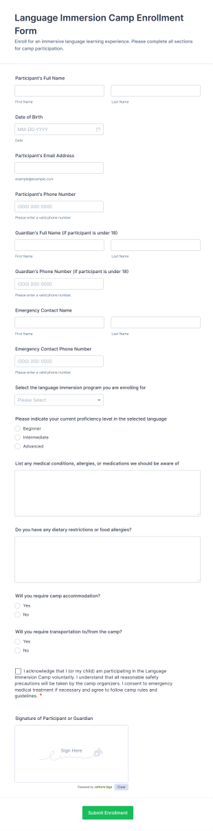 Language Immersion Camp Enrollment Form Template