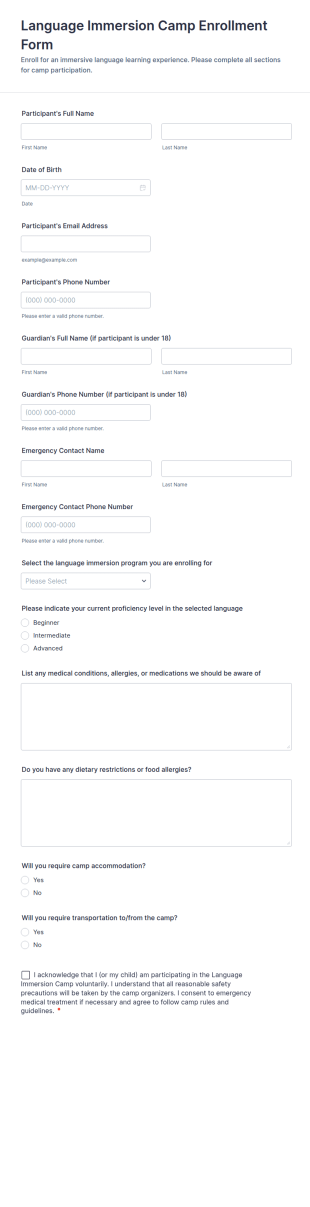 Language Immersion Camp Enrollment Form Template