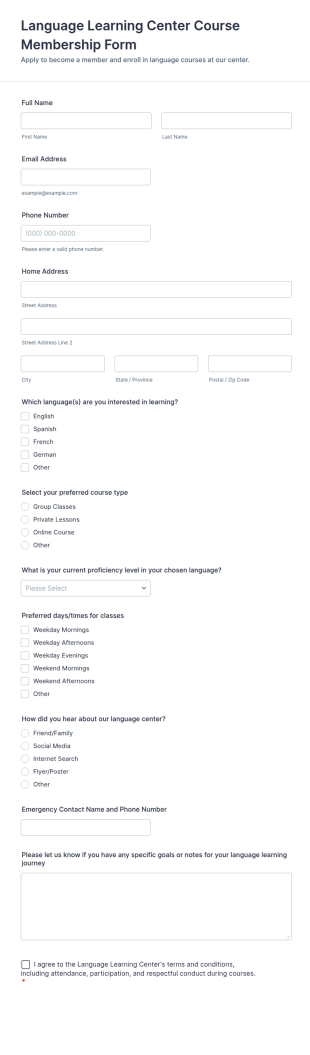 Language Learning Center Course Membership Form Template