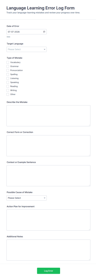 Language Learning Error Log Form Template