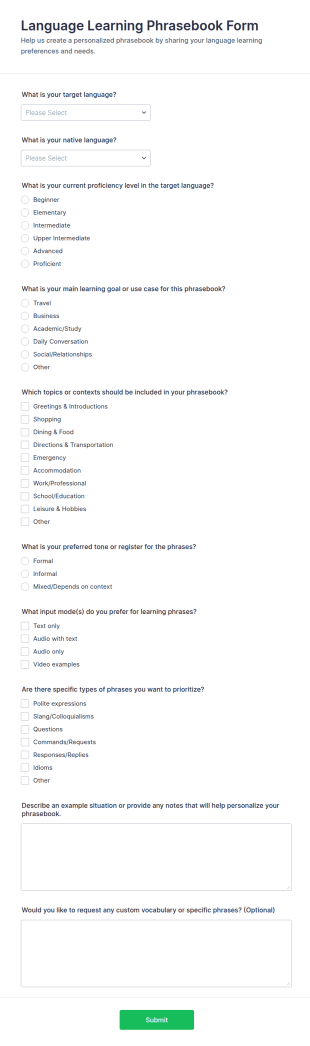Language Learning Phrasebook Form Template