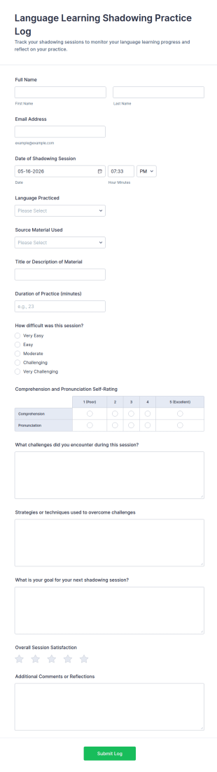 Language Learning Shadowing Practice Log Form Template