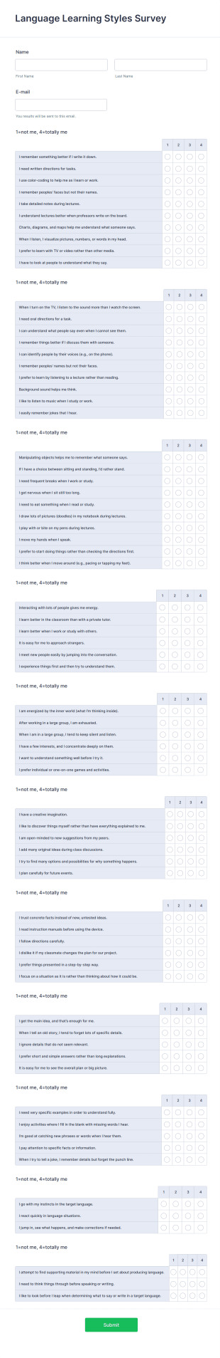 Language Learning Styles Survey Form Template