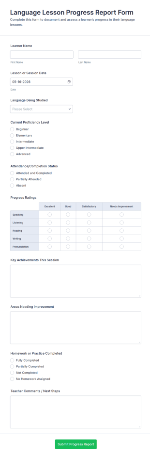 Language Lesson Progress Report Form Template