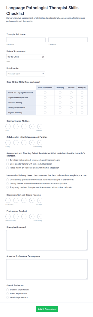 Language Pathologist Therapist Skills Checklist Form Template
