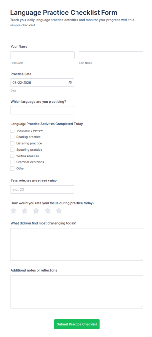 Language Practice Checklist Form Template