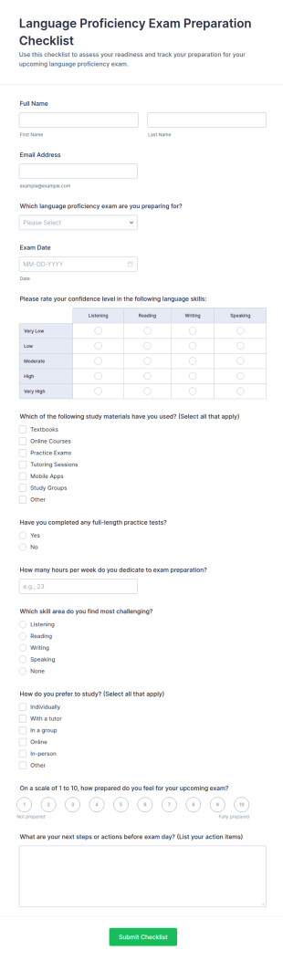 Language Proficiency Exam Preparation Checklist Form Template
