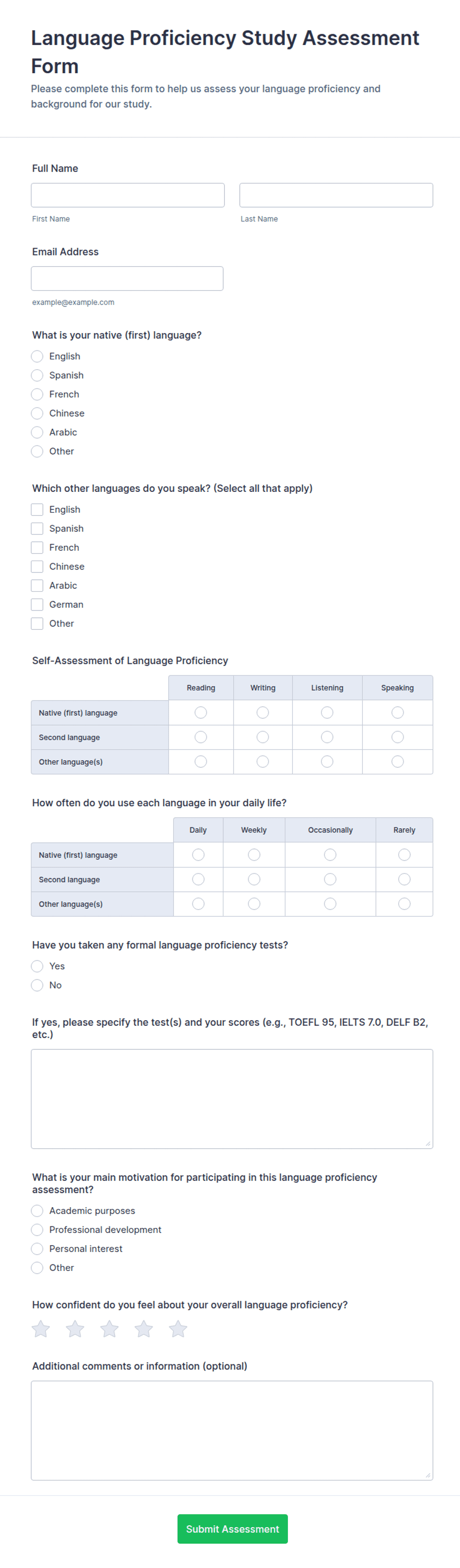 Language Proficiency Study Assessment Form Template | Jotform