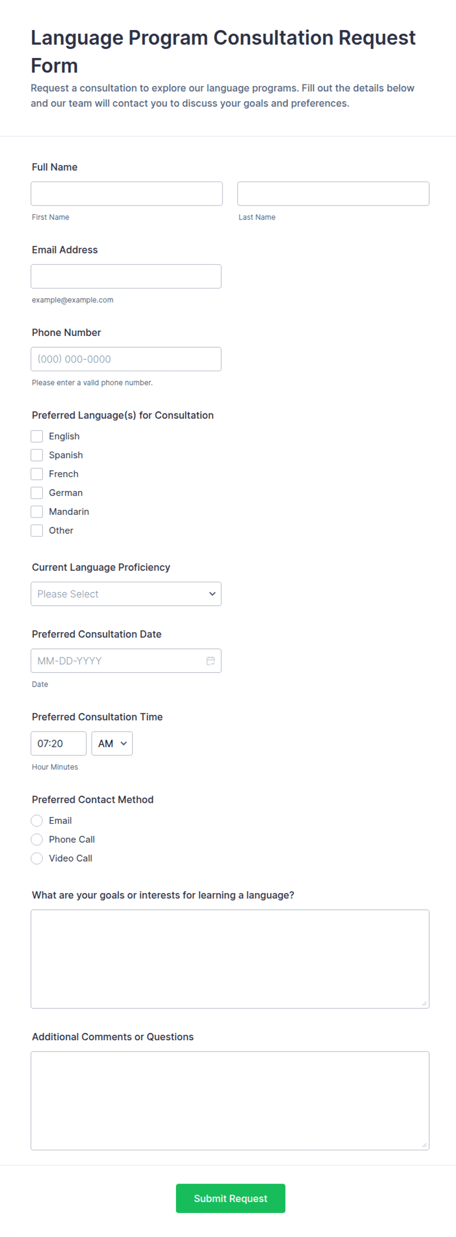 Language Program Consultation Request Form Template | Jotform