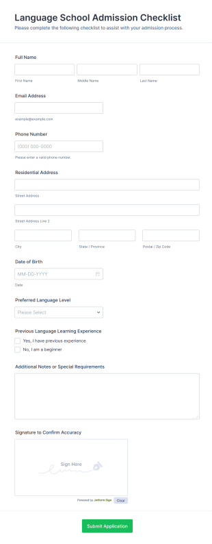 Language School Admission Checklist Form Template