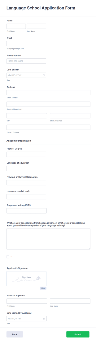 Language School Application Form Template
