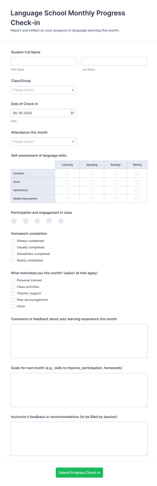 Language School Monthly Progress Check In Form Template