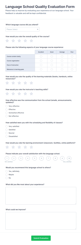 Language School Quality Evaluation Form Template