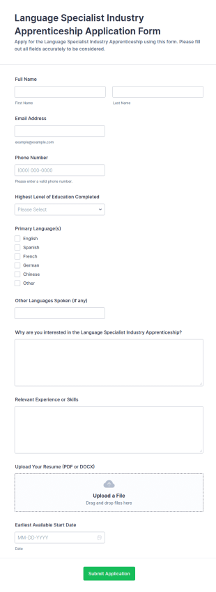 Language Specialist Industry Apprenticeship Application Form Template