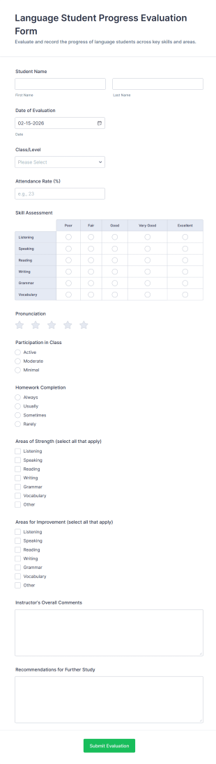 Language Student Progress Evaluation Form Template