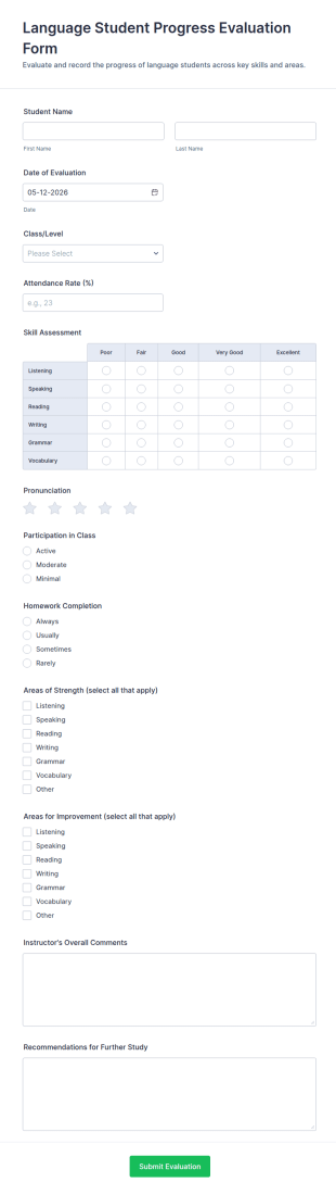 Language Student Progress Evaluation Form Template