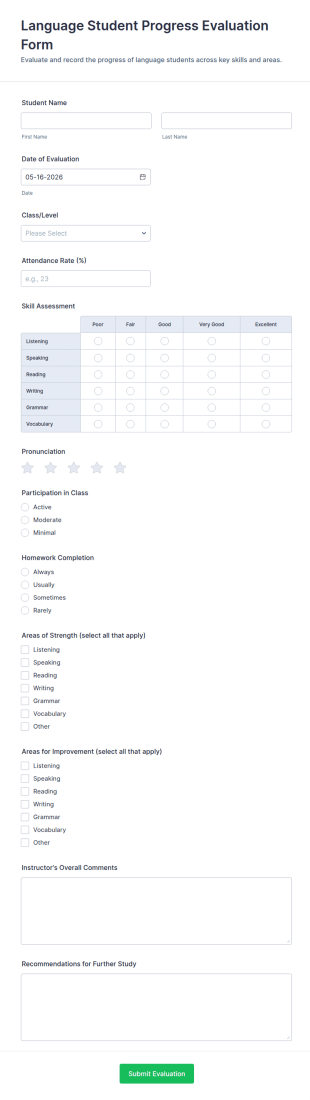 Language Student Progress Evaluation Form Template