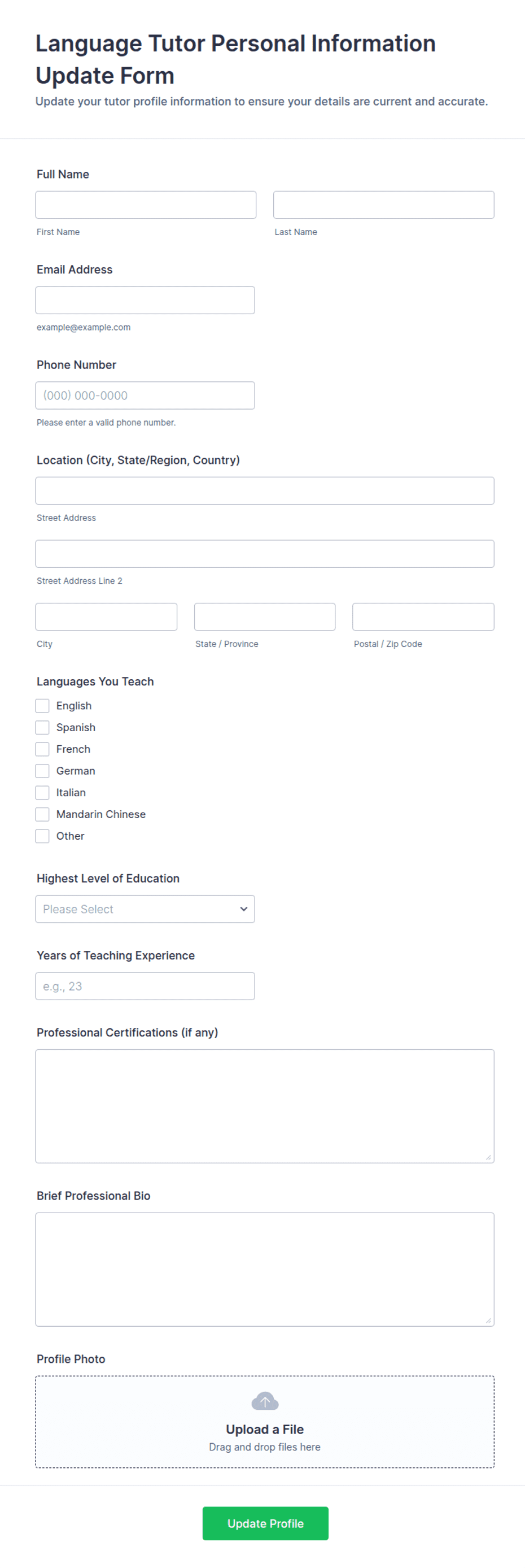 Language Tutor Personal Information Update Form Template | Jotform