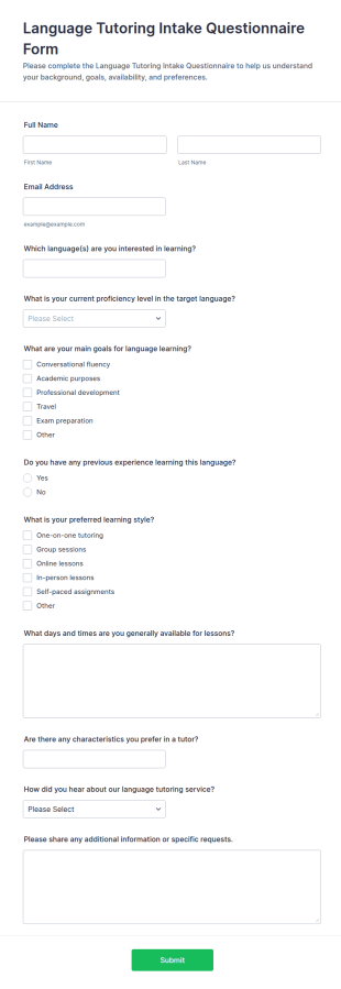 Language Tutoring Intake Questionnaire Form Template